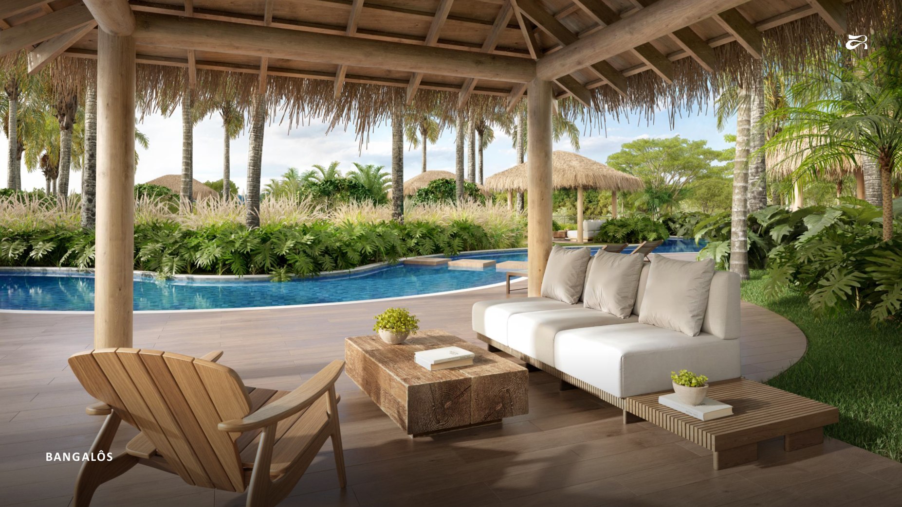 Bangalôs do Azura Living Resort às margens da piscina